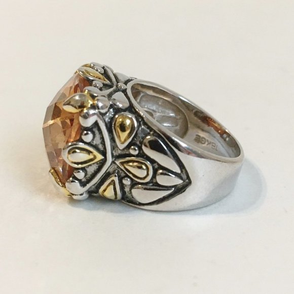 Amber Orange Stone Ring Ornate 18KGE Silver Gold - Picture 5 of 8